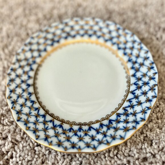 Lomonosov Imperial Russian Porcelain Tea Cup Saucer Plate Cobalt Blue Net Tulip - Picture 2 of 4